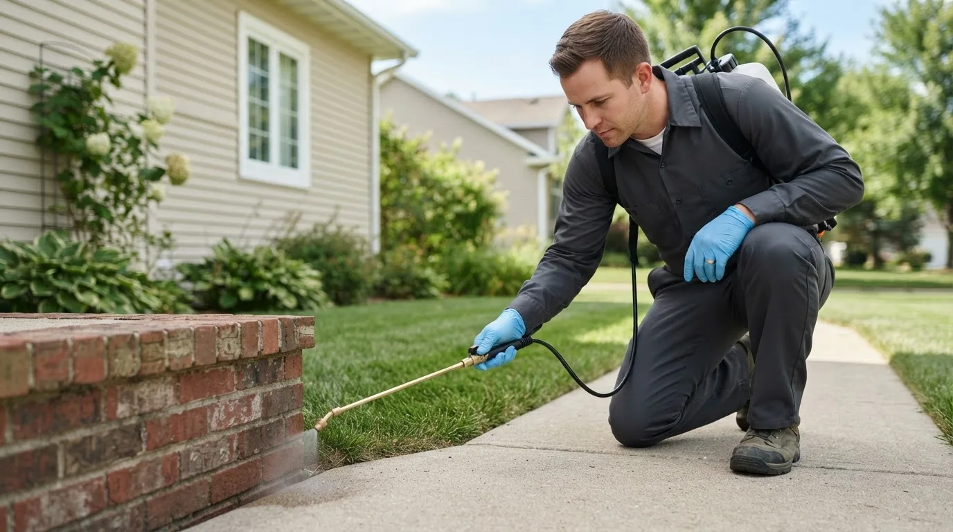 Pest control technician treating a home near Mayfield, KS