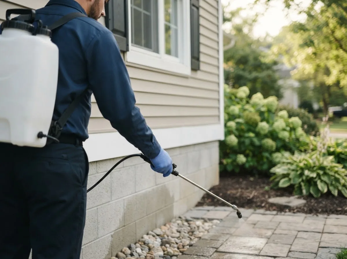 Pest control technician inspecting a home in Mayfield, KS